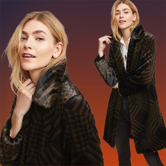 seen worn kept x anthro • geometric faux fur coat uk 16/us 12 - Picture 2 of 9